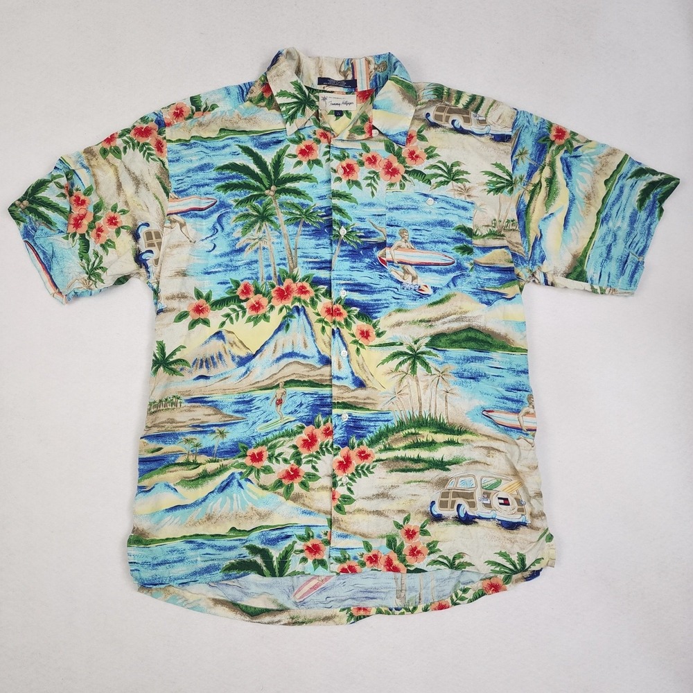 Vintage Tommy Hilfiger Hawaiian Shirt Mens Large Multicolor Tropical Camp Collar